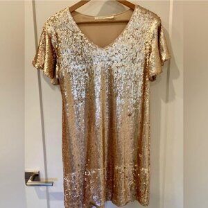 Ellison rose Gold Sequin Short Sleeve V-Neck Dress ‎ Knee-length elegant look